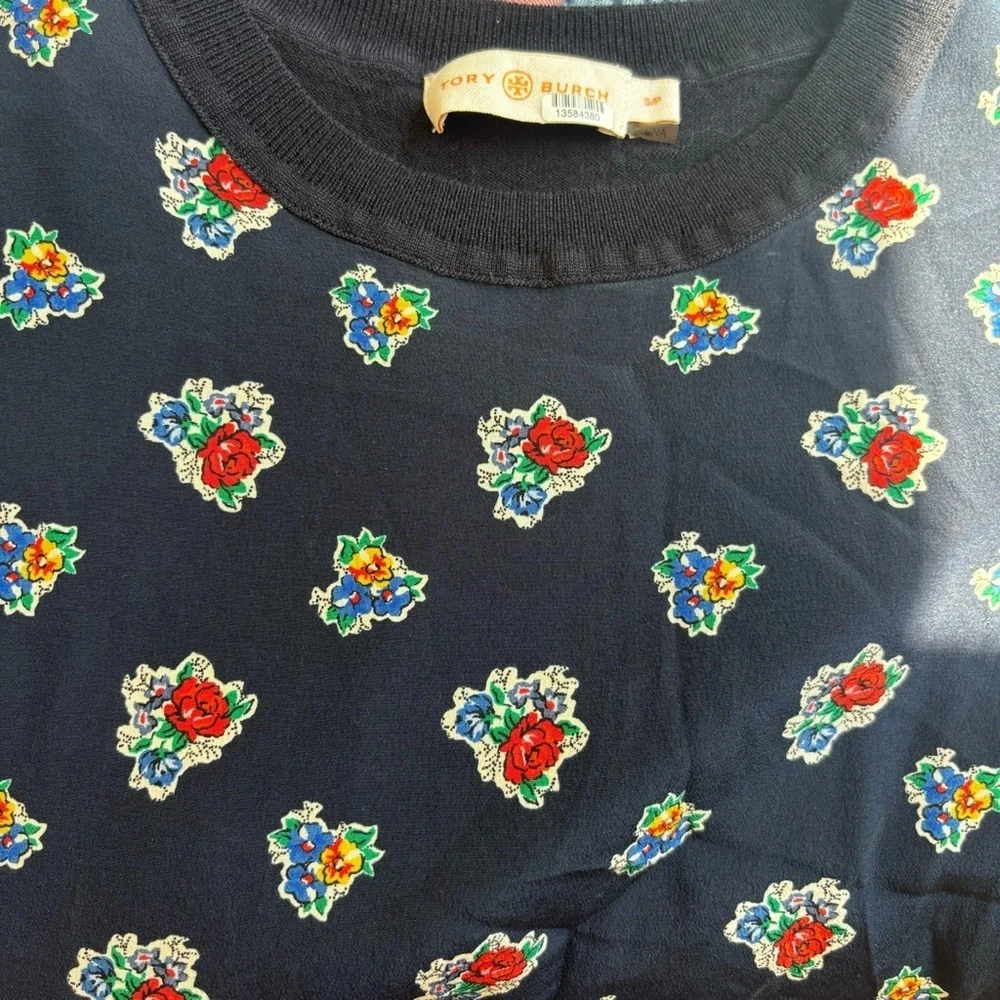 Tory Burch Navy Floral-Print Short-Sleeve Sheath Dress with Blue Trim - Picture 9 of 10